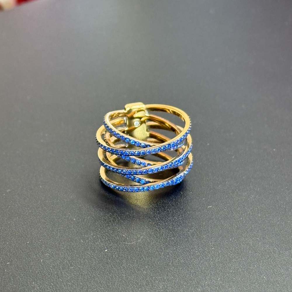 Michael Kors -Gold Tone, Blue Pave Glitz Criss Cross Ring Size 7 - Picture 2 of 8